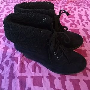 TOP Moda, Vegan Seude Black Wedge Booties, Size 8